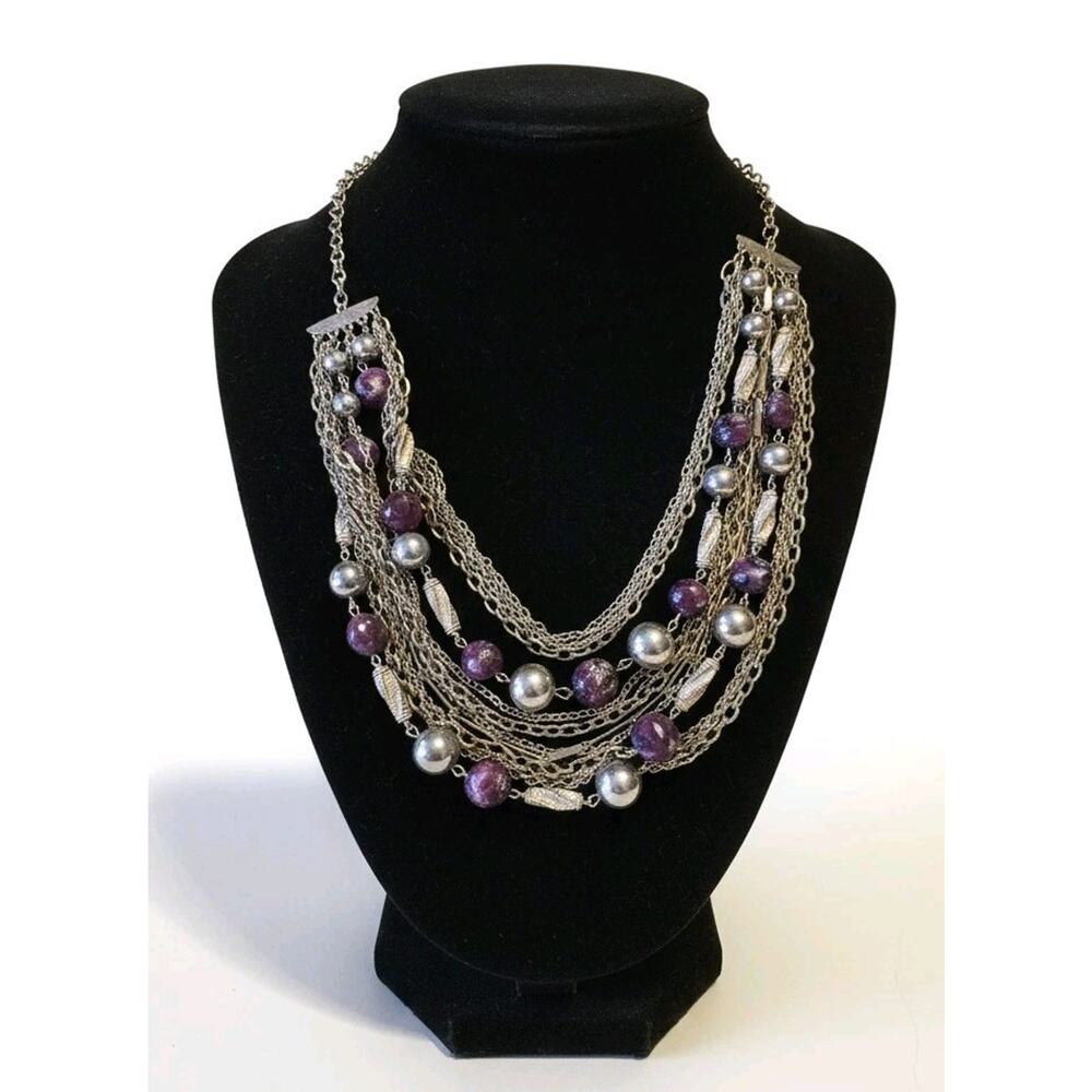 Vtg Silver Purple Beaded Silver‎ Tone Multi-Strand Statement Fashion Necklace